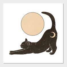 a black cat laying on its back with a half moon above it's head