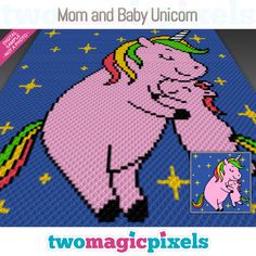 a cross stitch pattern of a pink unicorn with a rainbow mane on it's back