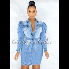 Puff Sleeve Denim Dress Fall Blue Denim Dress, Trendy Blue Denim Dress For Fall, Fitted Medium Wash Denim Top With Puff Sleeves, Medium Wash Fitted Denim Top With Puff Sleeves, Blue Denim Dress For Day Out, Blue Denim Dress For Fall, Casual Blue Denim Dress For Fall, Fitted Blue Denim Top With Puff Sleeves, Trendy Light Blue Denim Dress