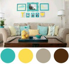 the living room is decorated in shades of blue, yellow and green with pictures on the wall