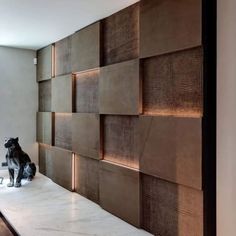 a dog sitting on top of a white counter next to a wall covered in brown panels