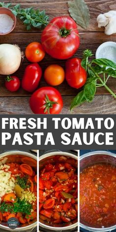 fresh tomato and pasta sauce collage with text overlay