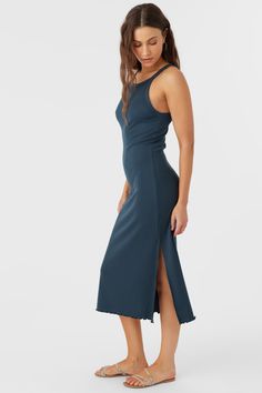 Solid Stretch Dresses With Side Slits, Summer Ribbed Midi Dress, Spring Bodycon Dress For Loungewear, Chic Stretch Midi Dress With Side Slits, Casual Midi-length Bodycon Dress, Casual Solid Color Midi Bodycon Dress, Spring Solid Midi Dress For Loungewear, Spring Solid Color Midi Loungewear Dress, Solid Ribbed Midi-length Dress