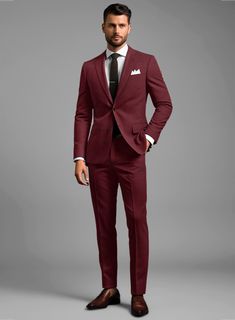 Dress to the nines with this classy maroon wool suit from Studio Suits' fresh collection. When fall vibes hit the corner, it is time to bring out your fall essentials, just like this maroon suit for men would look dashing in. Perfect for chilly weather and cool evenings, being wrapped in an express maroon suit will offer you all the comfort and warmth you need while paying attention to your great taste in fashion. The soft fabric of this maroon color suit molds around the wearer's body as if by magic and provides the best possible fit to the silhouette. Like every wardrobe has a versatile collection of colors, textures, and fittings for different occasions, a maroon suit is essential for the season of autumn. 
 
Look Includes  Scabal Maroon Wool Fabric  Two Button Jacket Style  Notch Lapel Groomsmen Vest Only Wine, Groomsman Suits Bordoex Tie, Dark Maroon Suit Men, Maroon Suit Men Wedding, Suit Ideas For Men Classy, Maroon Suit For Men, Red Suits Men, Burgundy Suits For Men, Maroon Suit Men