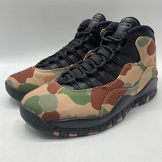 Nike Air Jordan 10 Retro Desert Camo Dusted Clay 310805-200 Size 7 New Will ship as soon as possible after payment is received Shoe is B-grade. Construction of shoe is in original condition. Shoe has no lid.  Please make sure size and shipping address is correct before purchasing Box May Be Damaged but ships as shown All Items are 100% Authentic All orders are shipped Mon-Fri only so please be patient if your order is placed on Fri-Sun Feel free to message me with any questions. Thank you Multi Camo Dunks, Camouflage Crocs, Crocs Camouflage, Outdoor Camouflage Low-top Sneakers, Jordan 10, Desert Camo, Air Jordan, Nike Air Jordan, Jordan