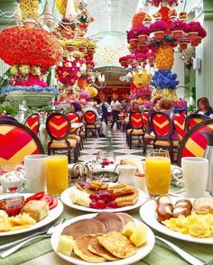 the breakfast is prepared and ready to be eaten at the hotel's dining room