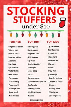 a christmas stocking stuff list with the words, stockings and under $ 10 on it