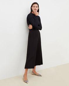 Zhou Culotte - Crepe :: Black – M.M.LaFleur Elegant Pleated Waist Ankle-length Bottoms, Chic Evening Bottoms With Straight Hem, Elegant Bottoms With Pleated Waist Ankle-length, Elegant Ankle-length Pants With Pleated Waist, Viscose Wide Leg Bottoms For Fall, Wide Leg Viscose Bottoms For Fall, Fall Wide Leg Viscose Bottoms, Elegant Stretch Wide-leg Culottes, Chic Bottoms With Seam Detailing And Straight Hem