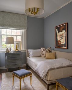 an image of a bedroom with blue walls and white bedding on the bottom floor