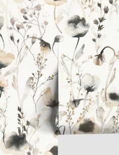 watercolor painting of flowers and plants on a white wallpaper with neutral tones in the background