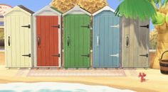 an animated beach scene with colorful doors and palm trees