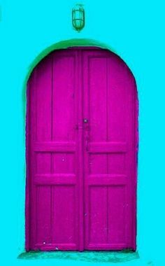 an image of a pink door on a blue background with the caption pin it