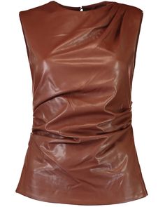 SIMKHAI Chestnut Sleeveless Wynter Top Round neck Back button closure; keyhole detail Sleeveless Slim silhouette Vegan leather fabrication Lined 100% polyurethane outer 1, 95% viscose, 5% elastane outer 2, 100% polyester lining Draped Top, Favorite Daughter, Top Round, Leather Pieces, Dress For Success, Fall 2024, Jeans For Sale, Ulla Johnson, Shirt Accessories