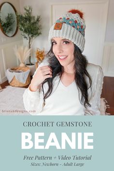 a woman wearing a knitted beanie with the text crochet gemstone beanie