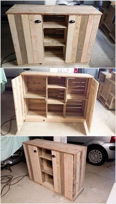 two pictures of the same wooden cabinet with doors open and drawers closed, in different stages of being assembled