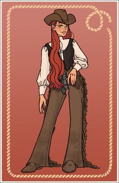 a drawing of a cowboy with long red hair