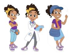 three cartoon characters, one with a stethoscope and the other wearing scrubs