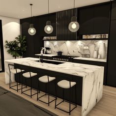 a modern kitchen with marble counter tops and black cabinets, along with white stools