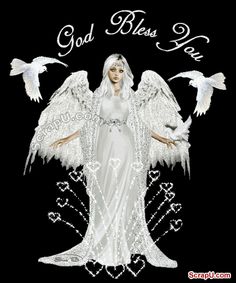 an angel with white wings and the words god bless you