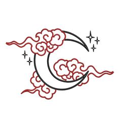 the moon with clouds and stars is drawn in red ink on a white paper background