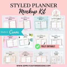 the styled planner mockp kit is shown on a pink background