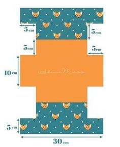 an image of a blue and orange box with cats on it's sides, measurements for