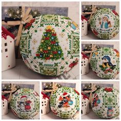 cross stitch christmas ornament on display in four different positions, including the top and bottom