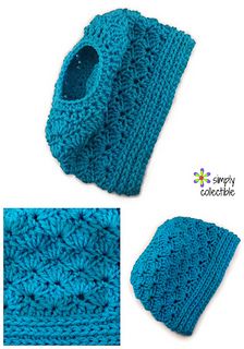 a blue crocheted beanie and scarf with text that reads seashore messy bun hat