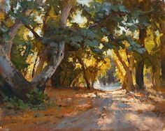 an oil painting of trees and dirt road