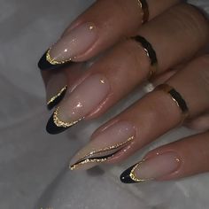 Fall Acrylic Nails Step into the New Year with style - explore chic and sparkling nail designs! Almond Gel Nails Black, Black With Gold French Tip Nails, Black White And Gold Almond Nails, Prom Nails Black Almond, Almond Party Nails, Almond Nails Fancy Designs, Good Wedding Nails, Anniversary Nails Designs, Nail Inspo For Gold Dress