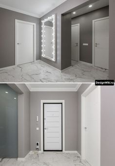 two pictures of the same room with doors and lights in them, one is empty