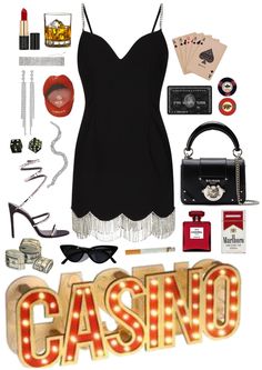 a woman's outfit and accessories are arranged in the shape of a casino sign