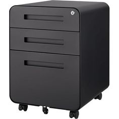 a black filing cabinet on wheels with three drawers