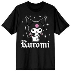 Show Off Your Mischievous Smile With A Smirk In The Sanrio Bad Gal Kuromi Tee From Bioworld. This Bad Gal's Rave T-Shirt Features A Full Front Graphic Detail Of Kuromi With Her Rebellious Smile On Cotton-Blend Jersey Base, Crew Neckline, Short Sleeves, And Relaxed Fitting. Stay Fierce And Fabulous With Kuromi's Rebellious Charm! Sanrio Bad Gal Kuromi Tee Official Licensed 95% Cotton, 5% Spandex Graphic Print Detail Crew Neckline Short Sleeves Black Kawaii Black Crew Neck T-shirt, Kawaii Black T-shirt With Letter Print, Black Kawaii T-shirt With Character Print, Black Kawaii T-shirt With Hello Kitty Print, Kawaii Black Top With Character Print, Black Hello Kitty Print Short Sleeve Top, Black Kawaii Top With Character Print, Cute Black Crew Neck Shirt, Kuromi Jeans