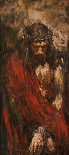 a painting of jesus holding the cross with his hands