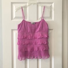 Nwt $149 Tahari Lavender Purple Silk Ruffle Cami Top Size Small Beautiful Tiered Ruffle Camisole Tank. Adjustable Spaghetti Straps. 100% Silk, Lining Is 100% Polyester Feminine Pink Camisole With Ruffled Straps, Pink Ruffled Spaghetti Strap Camisole, Pink Ruffled Camisole, Pink Ruffled Camisole For Summer, Pink Ruffled Straps Tank Top, Chic Pink Ruffled Tank Top, Pink Ruffled Cami Tank Top, Casual Pink Ruffled Camisole, Casual Pink Camisole With Ruffles