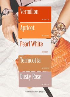 a person cutting up some food on top of a white sheet with the words salmon, apricot, pearl white, terracotta and dusty rose