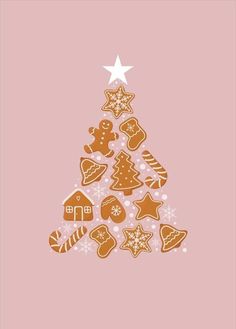 a christmas tree made out of cookies on top of a pink background with stars and snowflakes