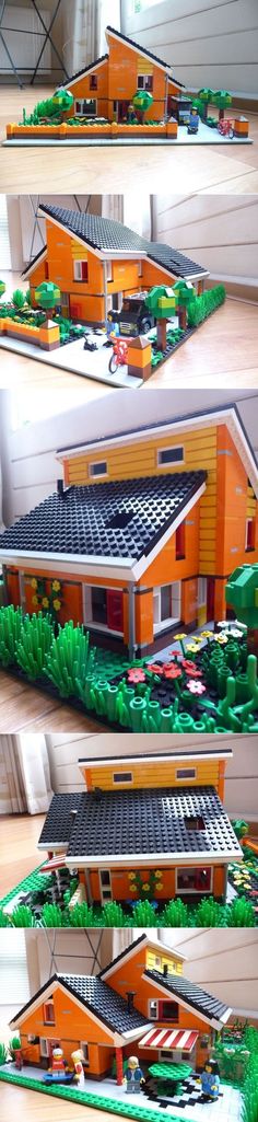 three pictures of a house made out of legos