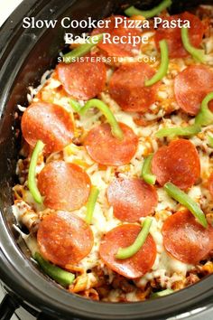 pepperoni and green peppers are on top of the pizza in the slow cooker