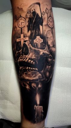 Tatuagem com caveira, relógio, ceifador, vela, túmulo #tattoo #caveira #relogio #ceifador #vela #tumulo Calves Tattoo Men Ideas, Mens Dark Tattoo Ideas, Skull Demon Tattoo, Knife In The Back Tattoo, Skeleton Tattoo Ideas For Men, Realism Grim Reaper Tattoo, Day Of The Dead Tattoo Men, Men Tattoo Ideas Sleeve Inspiration, Skull Tattoo Sleeve For Men