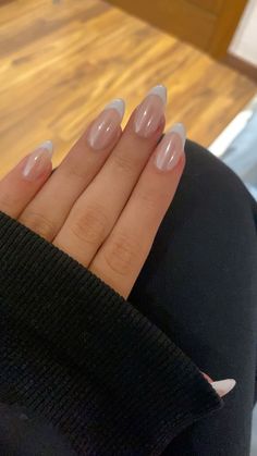 Almond French Tip Glazed, White Tip Nails Chrome, Almond French Tip Nails Glazed, Glazed White Tip Nails, Long Almond Chrome French Tip Nails, White French Chrome Nails Almond, Almond Shape French Tip Chrome, Chrome Nails With White French Tips, White French Tips Chrome