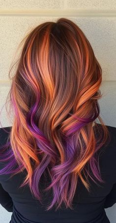 Fashion: #fashion, #style, #outfitinspiration, #beauty Fall Vibe Hair Color, Brown Roots Orange Hair, Chestnut Red Hair With Highlights, New Fall Hair Colors 2024, Fun Fall Colors For Hair, Halloween Highlights Hair, Unique Hair Ideas Color, Fall Leaf Hair Color, Orange Peek A Boo Hair