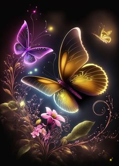 three butterflies flying in the night sky with pink flowers and green leaves on their wings