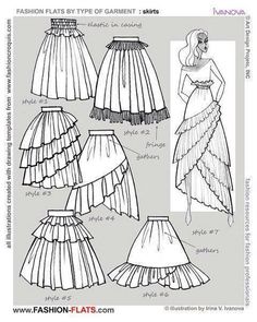 an image of women's dress patterns for different types of skirts and skirts, with instructions