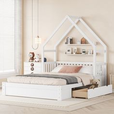 a bedroom with a bed, dresser and bookcase in white painted wood finish on the wall