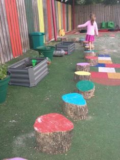 Painted Stumps, Natural Outdoor Play Spaces, Colorful Steps, Preschool Playground, Tree Cut, Outdoor Play Spaces, Outdoor Play Areas, Tree Stumps, Fallen Tree