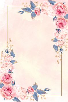 a pink and blue floral frame on a watercolor background with gold trimmings