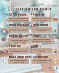 the top 10 cute switch games for pc and laptops infographicly displayed on a computer screen