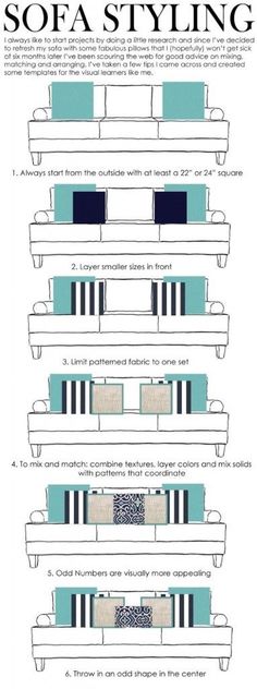 the instructions for how to make sofas with different types of cushions and pillows on them